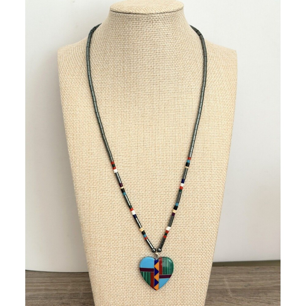 Vintage Native American Style Hematite Bead Inlay Heart Necklace Native American